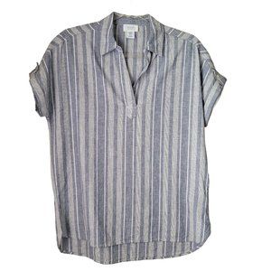 Sigrid Olsen | Blue & White Striped Button Sleeve V-Neck Collar Linen Blend Top